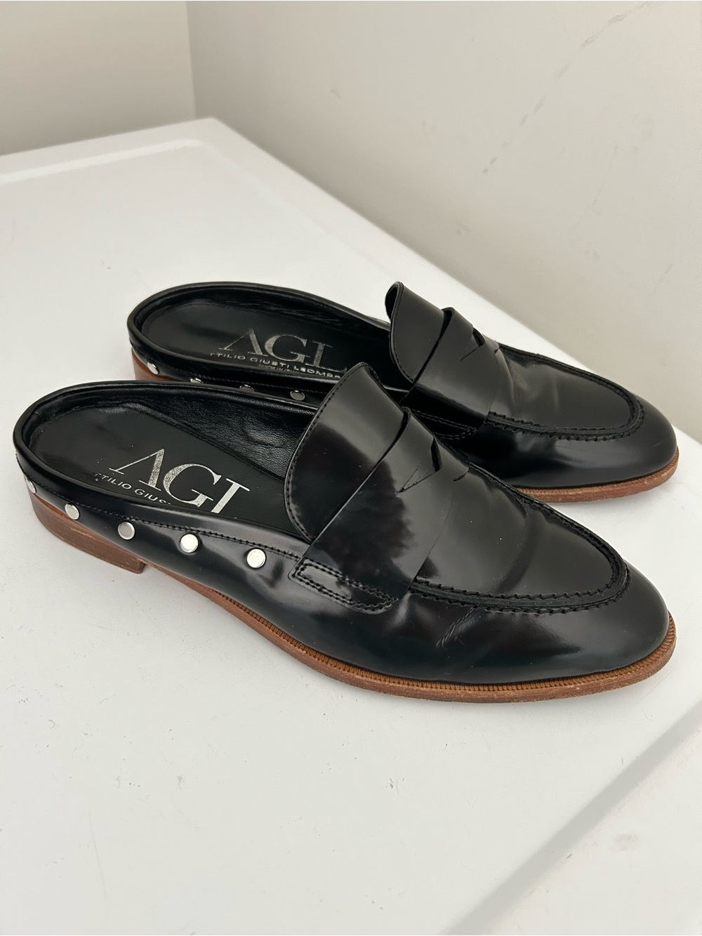 AGL Attilio Giusti Leombruni Stud Trim Penny Loafer Mule Black Size 10 US 40 EU